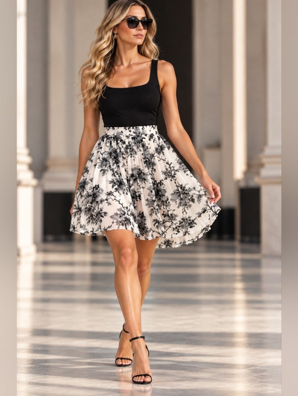 Banana Republic Black White Toile Pleated A-Line Skirt Size M